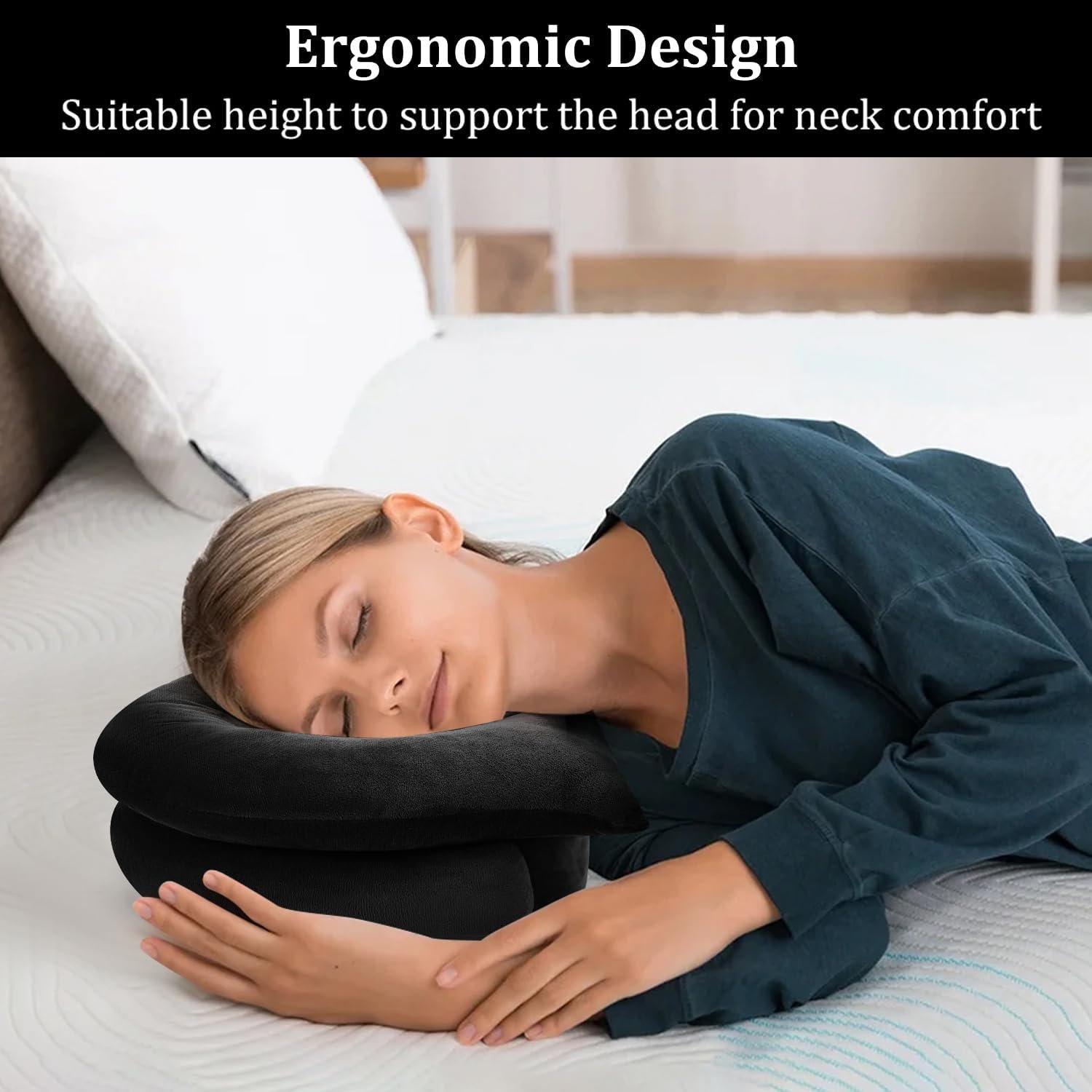 Side Sleeper Pillow with Ear Hole for Reduce Ear Pressure for Neck Pain Relief, Stomach Sleeper/Side Sleeping Pillow, Ideal for Side, Back, Stomach Sleepers, Home Massage & Napping, Black - Image 2