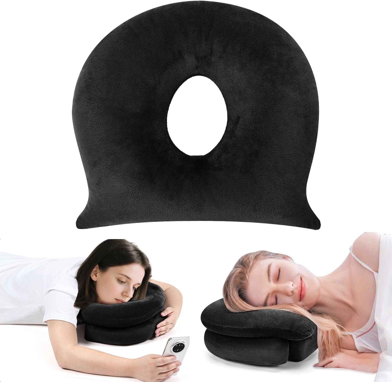 Side Sleeper Pillow with Ear Hole for Reduce Ear Pressure for Neck Pain Relief, Stomach Sleeper/Side Sleeping Pillow, Ideal for Side, Back, Stomach Sleepers, Home Massage & Napping, Black
