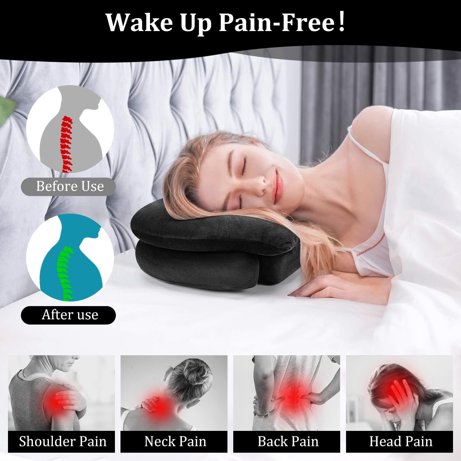 Side Sleeper Pillow with Ear Hole for Reduce Ear Pressure for Neck Pain Relief, Stomach Sleeper/Side Sleeping Pillow, Ideal for Side, Back, Stomach Sleepers, Home Massage & Napping, Black - Image 4